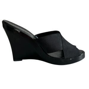 BCBGirls Black Elastic Crossover Platform Wedges Slip-On Sandals Heels Size 10